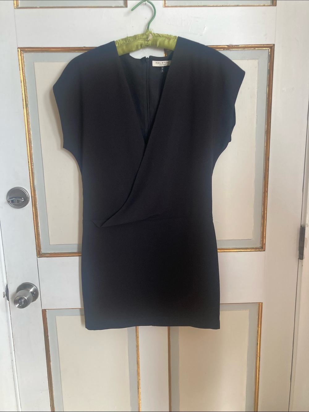 Halston Heritage Black V-Wrap Cap-Sleeve Mini Dress